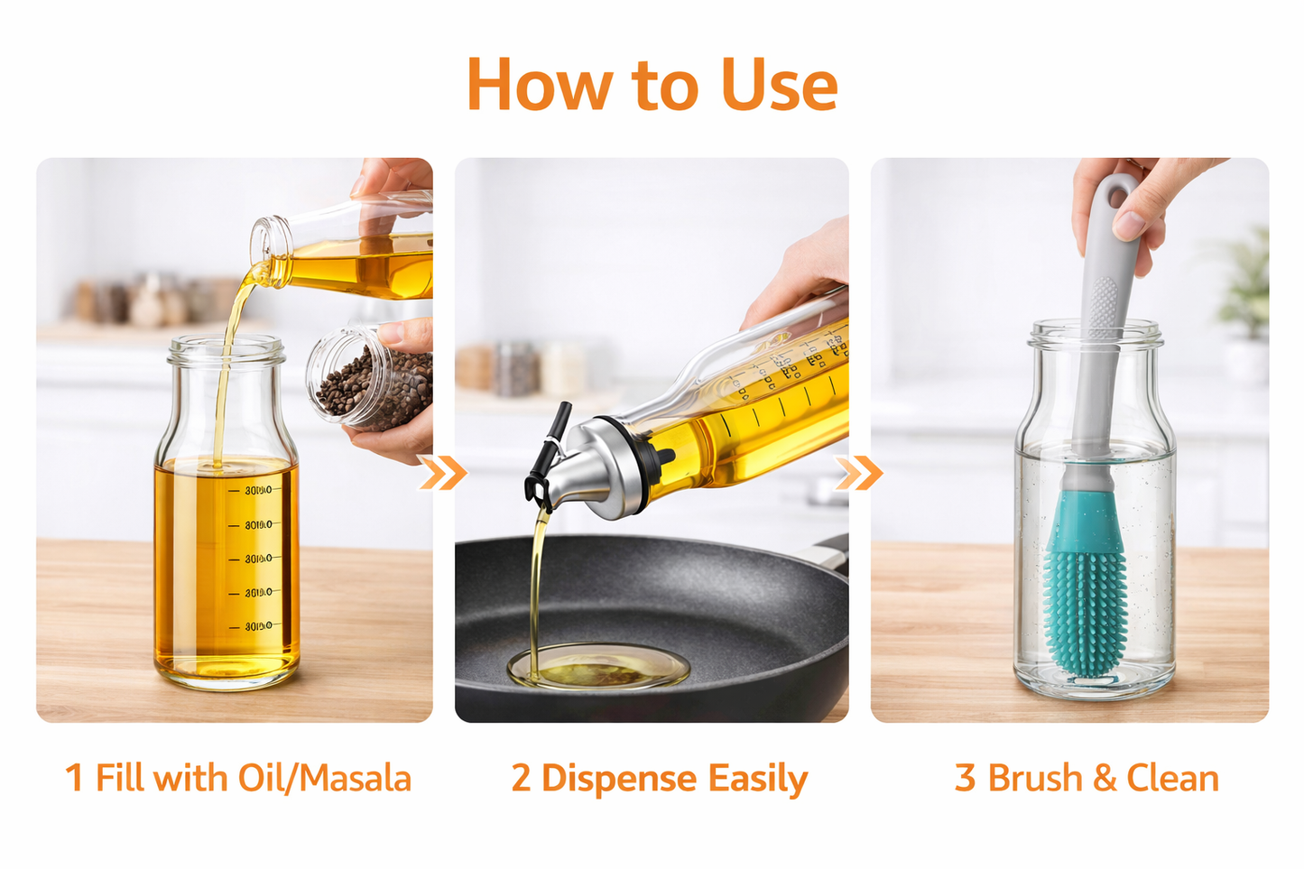 Mess-Free Cooking Kitchen Combo – Oil Dispenser, Spice Jar & Bottle Cleaning Brush