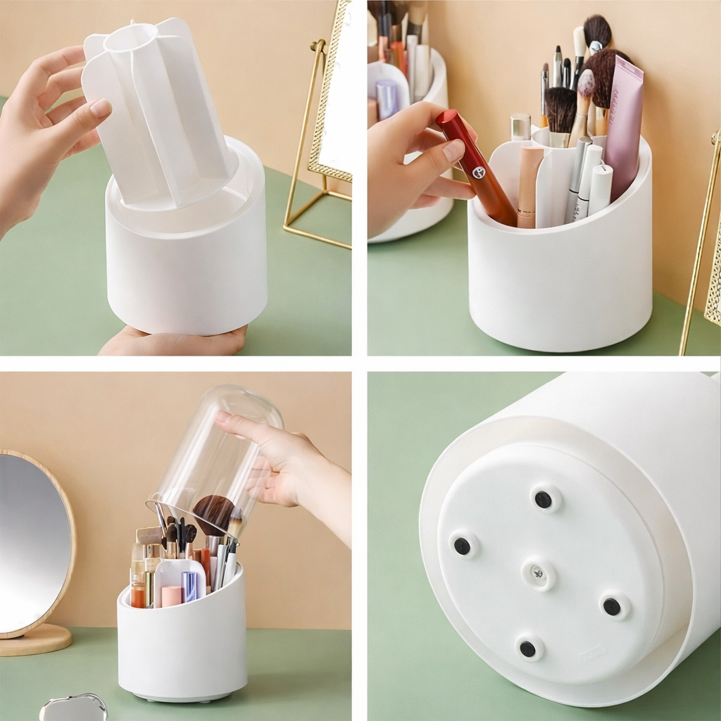 360° Rotating Makeup Organizer with Dustproof Transparent Cover – Waterproof & Antibacterial Cosmetic Storage Box