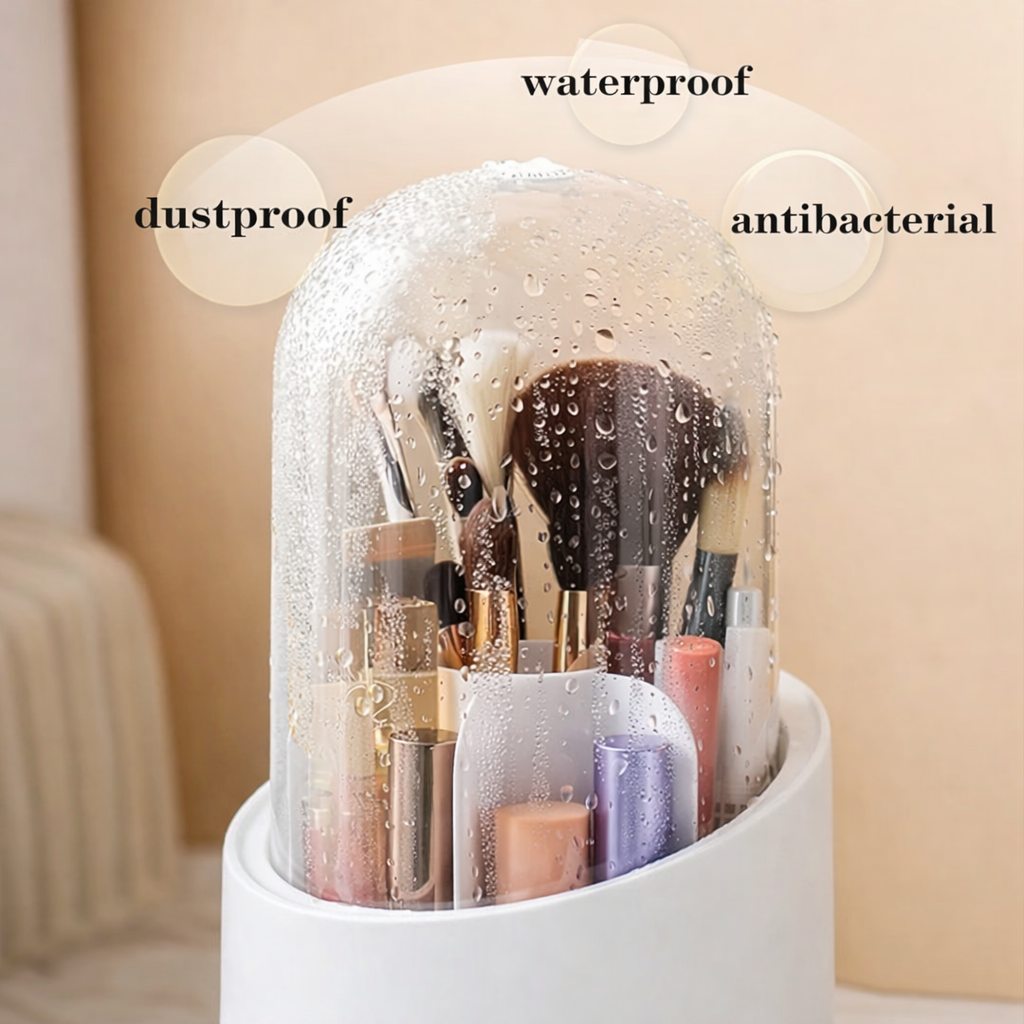 360° Rotating Makeup Organizer with Dustproof Transparent Cover – Waterproof & Antibacterial Cosmetic Storage Box