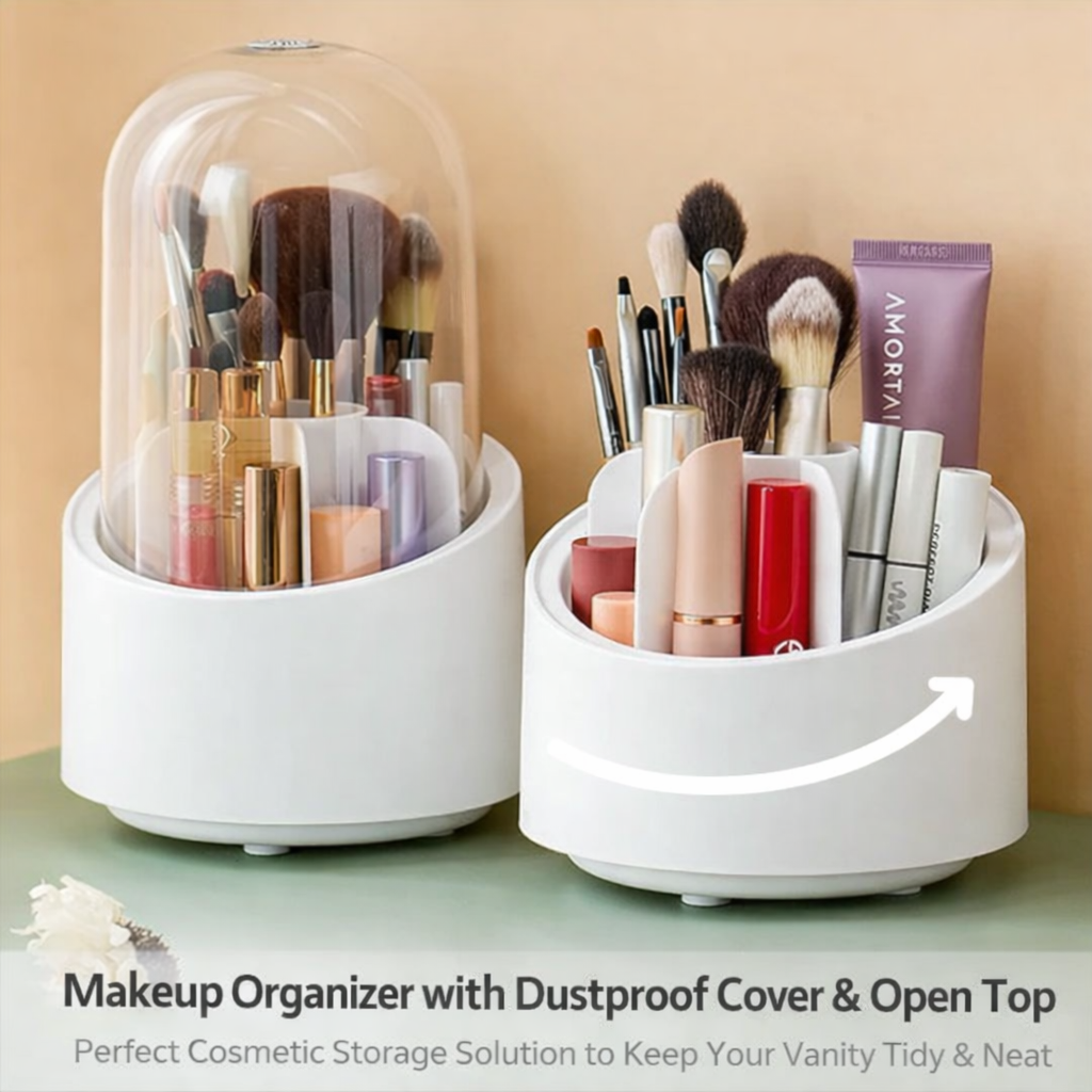 360° Rotating Makeup Organizer with Dustproof Transparent Cover – Waterproof & Antibacterial Cosmetic Storage Box