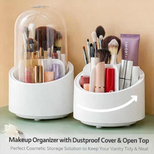 360° Rotating Makeup Organizer with Dustproof Transparent Cover – Waterproof & Antibacterial Cosmetic Storage Box