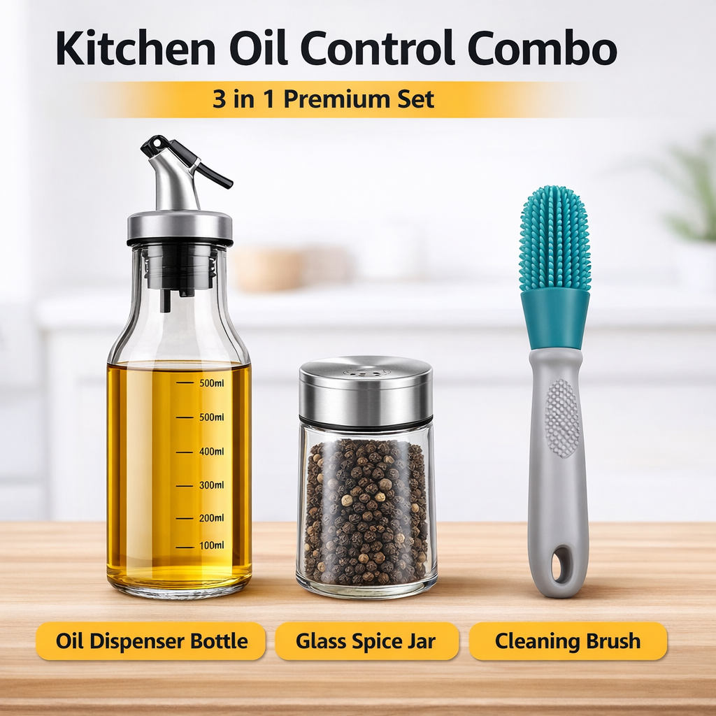 Mess-Free Cooking Kitchen Combo – Oil Dispenser, Spice Jar & Bottle Cleaning Brush